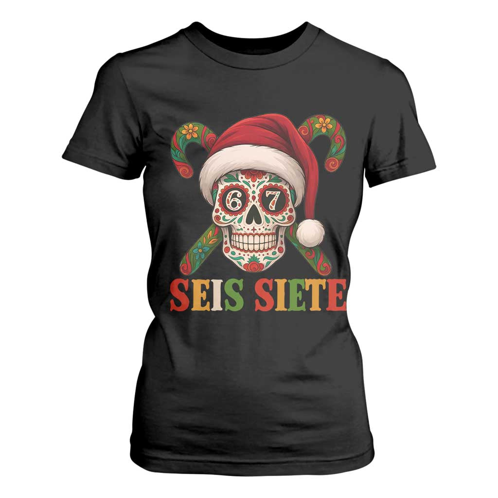 Seis Siete Christmas Meme T Shirt For Women Sugar Skull 67 Santa Hat Candy Canes - Print Your Wear