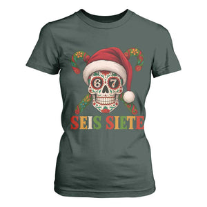 Seis Siete Christmas Meme T Shirt For Women Sugar Skull 67 Santa Hat Candy Canes TS02 Dark Forest Green Print Your Wear