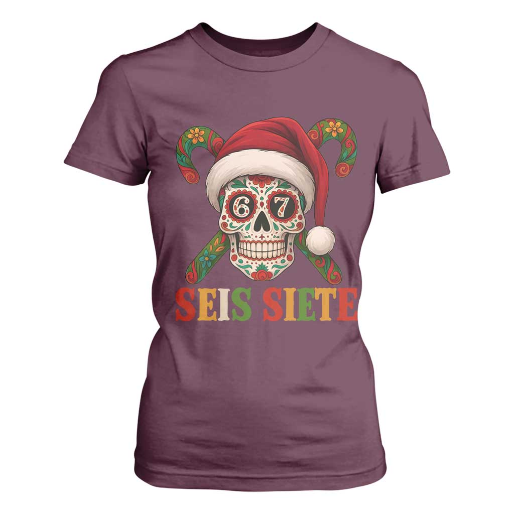Seis Siete Christmas Meme T Shirt For Women Sugar Skull 67 Santa Hat Candy Canes TS02 Maroon Print Your Wear
