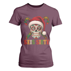 Seis Siete Christmas Meme T Shirt For Women Sugar Skull 67 Santa Hat Candy Canes TS02 Maroon Print Your Wear