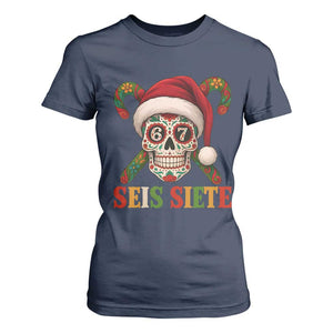 Seis Siete Christmas Meme T Shirt For Women Sugar Skull 67 Santa Hat Candy Canes TS02 Navy Print Your Wear