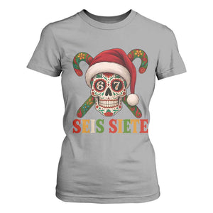 Seis Siete Christmas Meme T Shirt For Women Sugar Skull 67 Santa Hat Candy Canes TS02 Sport Gray Print Your Wear