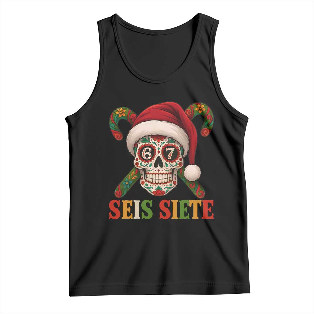 Seis Siete Christmas Meme Tank Top Sugar Skull 67 Santa Hat Candy Canes TS02 Black Print Your Wear