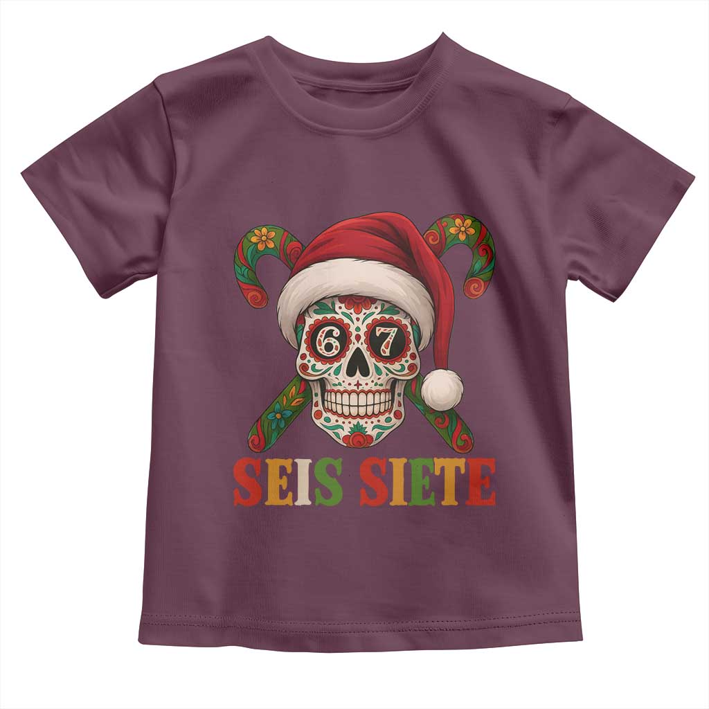 Seis Siete Christmas Meme Toddler T Shirt Sugar Skull 67 Santa Hat Candy Canes TS02 Maroon Print Your Wear