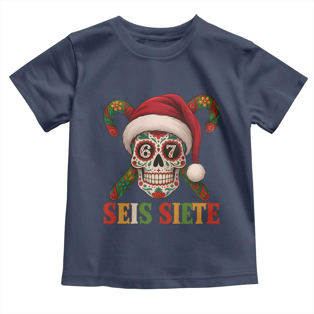Seis Siete Christmas Meme Toddler T Shirt Sugar Skull 67 Santa Hat Candy Canes TS02 Navy Print Your Wear