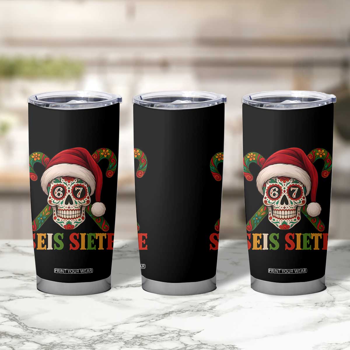 Seis Siete Christmas Meme Tumbler Cup Sugar Skull 67 Santa Hat Candy Canes TS02 Print Your Wear
