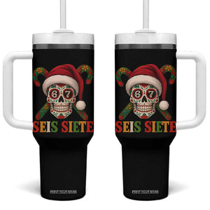 Seis Siete Christmas Meme Tumbler With Handle Sugar Skull 67 Santa Hat Candy Canes TS02 One Size: 40 oz Black Print Your Wear
