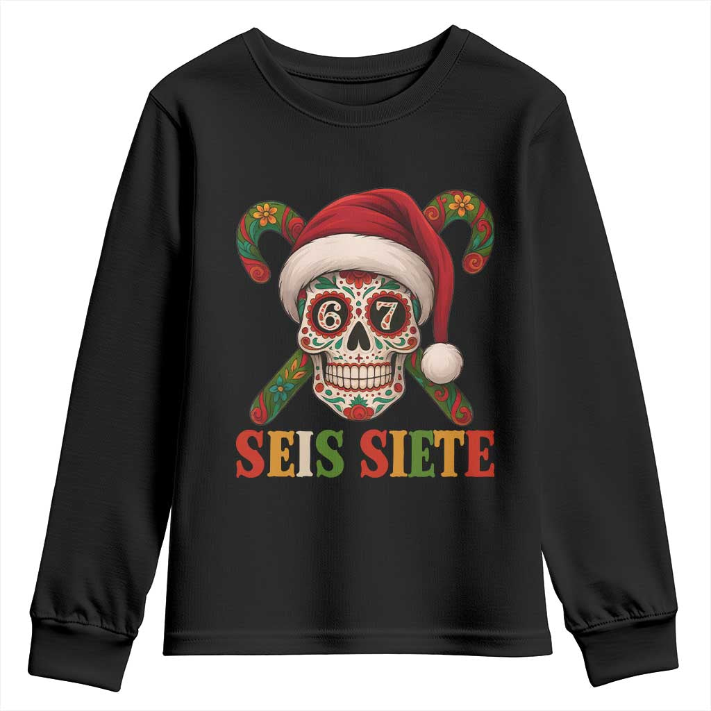 Seis Siete Christmas Meme Youth Sweatshirt Sugar Skull 67 Santa Hat Candy Canes - Print Your Wear