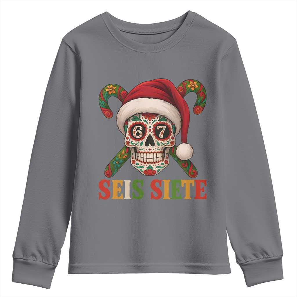 Seis Siete Christmas Meme Youth Sweatshirt Sugar Skull 67 Santa Hat Candy Canes TS02 Charcoal Print Your Wear