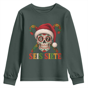 Seis Siete Christmas Meme Youth Sweatshirt Sugar Skull 67 Santa Hat Candy Canes TS02 Dark Forest Green Print Your Wear