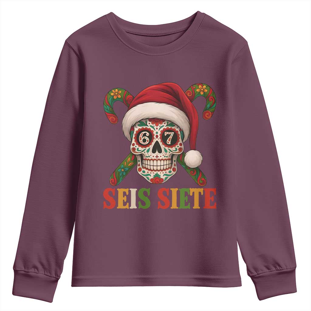 Seis Siete Christmas Meme Youth Sweatshirt Sugar Skull 67 Santa Hat Candy Canes TS02 Maroon Print Your Wear