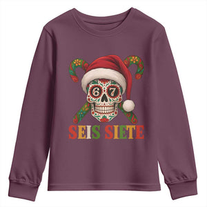 Seis Siete Christmas Meme Youth Sweatshirt Sugar Skull 67 Santa Hat Candy Canes TS02 Maroon Print Your Wear
