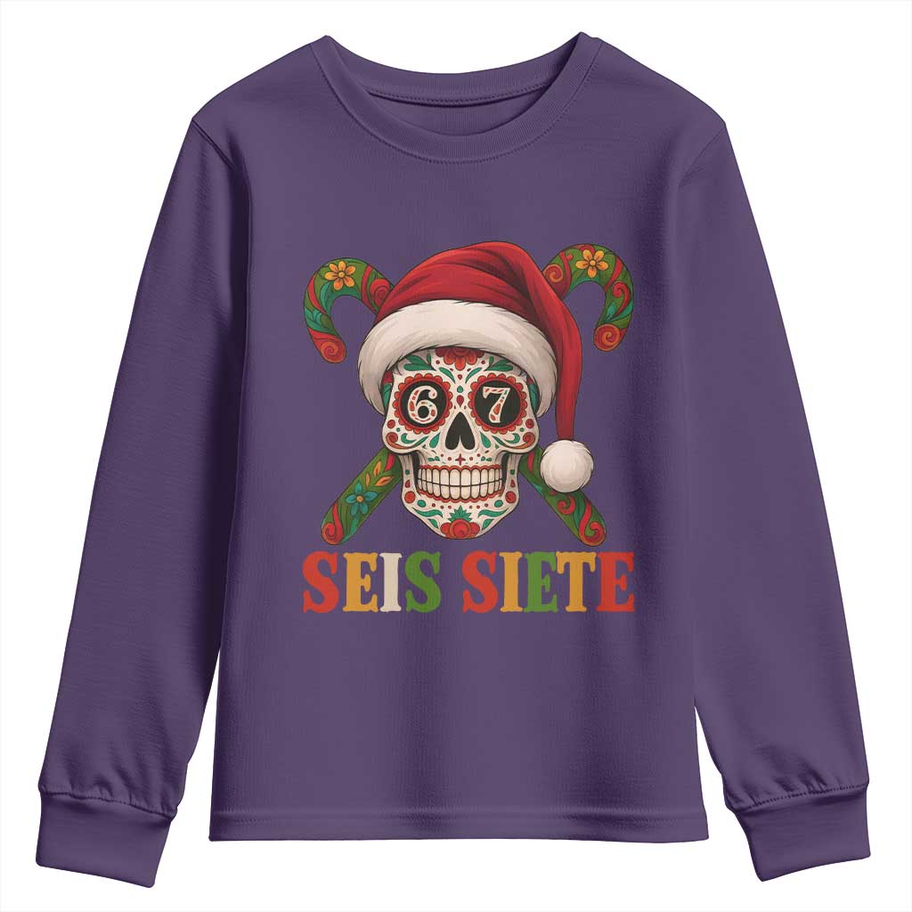 Seis Siete Christmas Meme Youth Sweatshirt Sugar Skull 67 Santa Hat Candy Canes TS02 Purple Print Your Wear