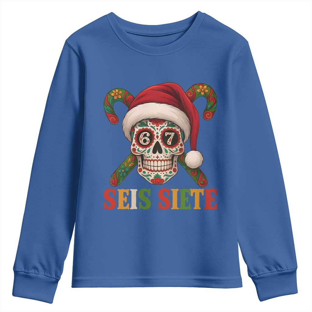 Seis Siete Christmas Meme Youth Sweatshirt Sugar Skull 67 Santa Hat Candy Canes TS02 Royal Blue Print Your Wear
