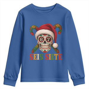 Seis Siete Christmas Meme Youth Sweatshirt Sugar Skull 67 Santa Hat Candy Canes TS02 Royal Blue Print Your Wear