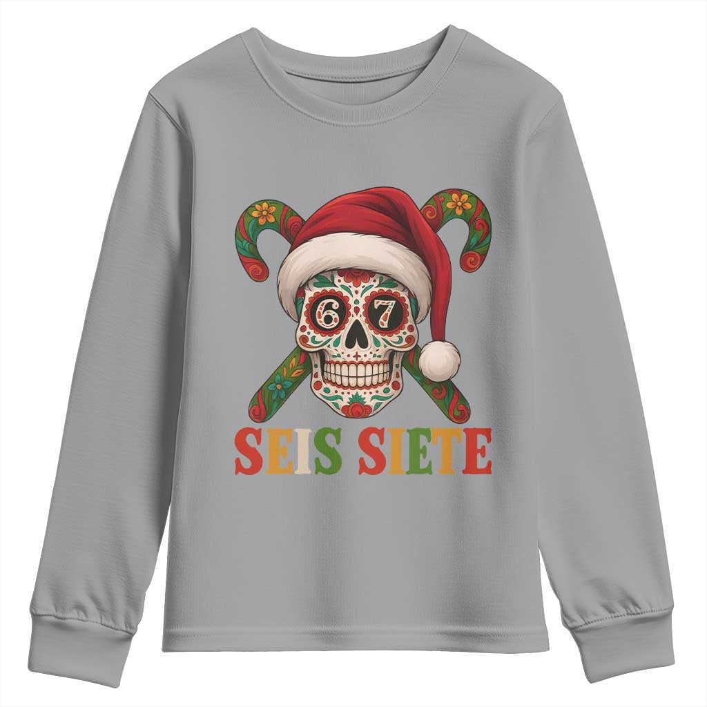 Seis Siete Christmas Meme Youth Sweatshirt Sugar Skull 67 Santa Hat Candy Canes TS02 Sport Gray Print Your Wear