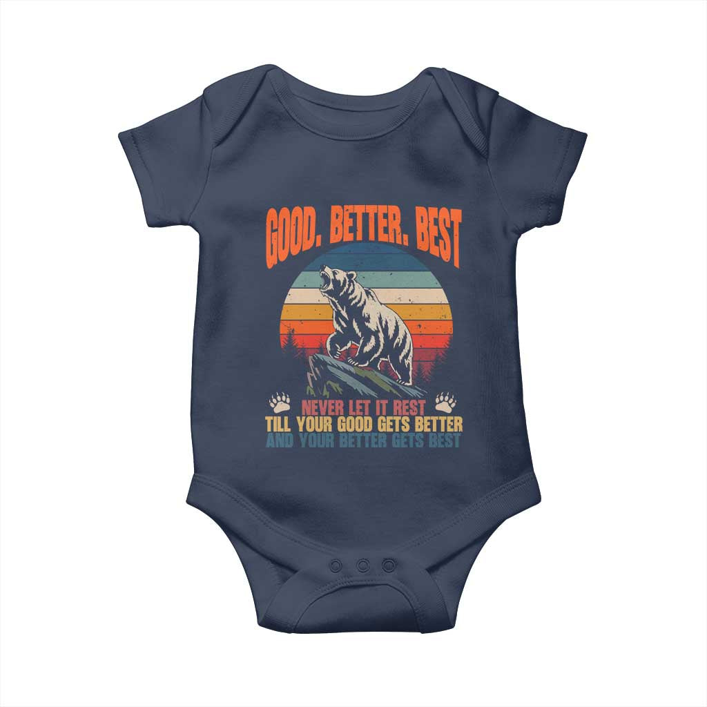Retro Mountain Bear Outdoor Adventure Baby Onesie Good Better Best Inspiration Motivation TS02 Navy Print Your Wear