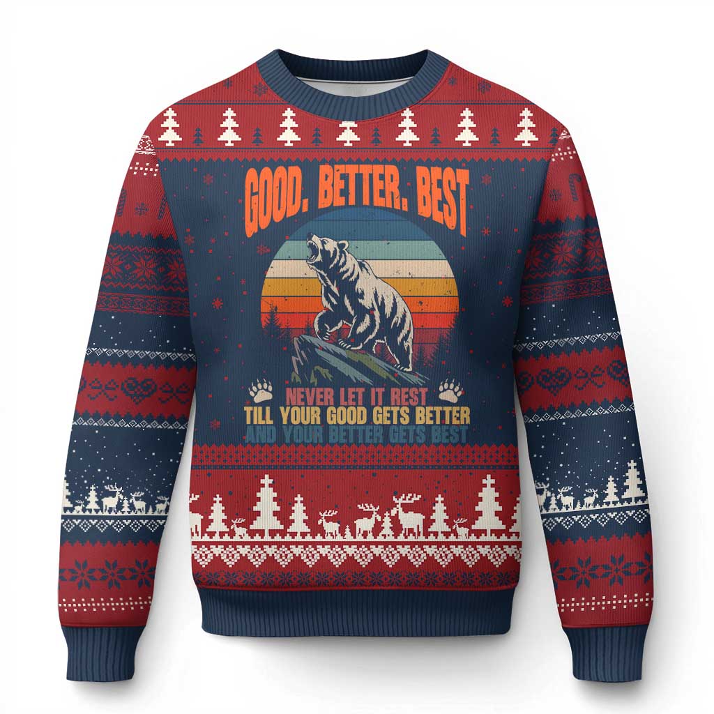 Retro Mountain Bear Outdoor Adventure Ugly Christmas Sweater Good Better Best Inspiration Motivation TS02 Navy Red Print Your Wear