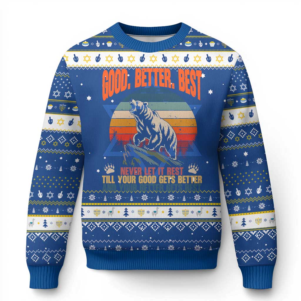 Good Better Best Inspirational Hanukkah Ugly Sweater Retro Mountain Bear Outdoor Adventure TS02 Blue White Print Your Wear