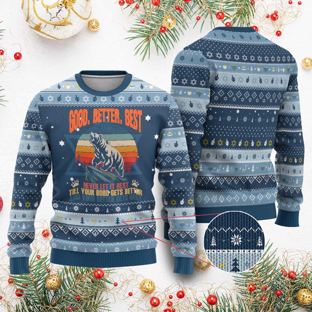 Retro Mountain Bear Outdoor Adventure Hanukkah Ugly Sweater Good Better Best Inspiration Motivation TS02 Navy Light Blue Print Your Wear