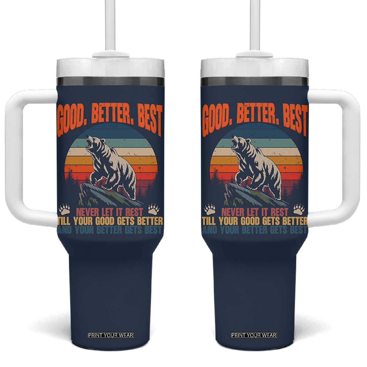 Retro Mountain Bear Outdoor Adventure Tumbler With Handle Good Better Best Inspiration Motivation TS02 One Size: 40 oz Navy Print Your Wear