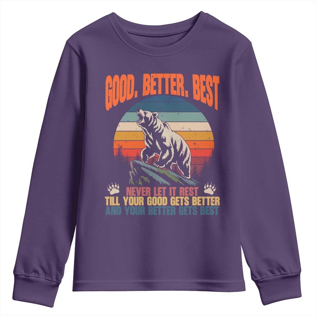 Retro Mountain Bear Outdoor Adventure Youth Sweatshirt Good Better Best Inspiration Motivation TS02 Purple Print Your Wear