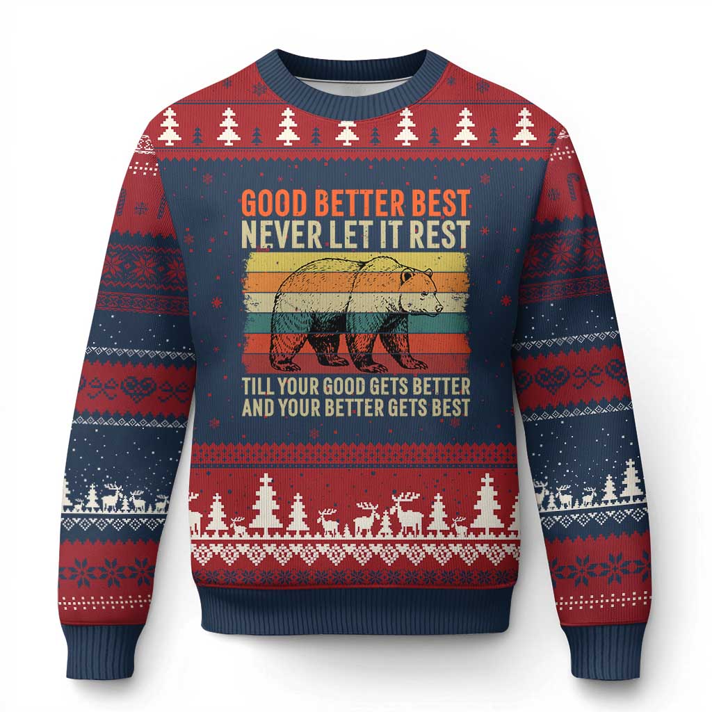 Good Better Best Motivational Ugly Christmas Sweater Retro Never Let It Rest TS02 Navy Red Print Your Wear