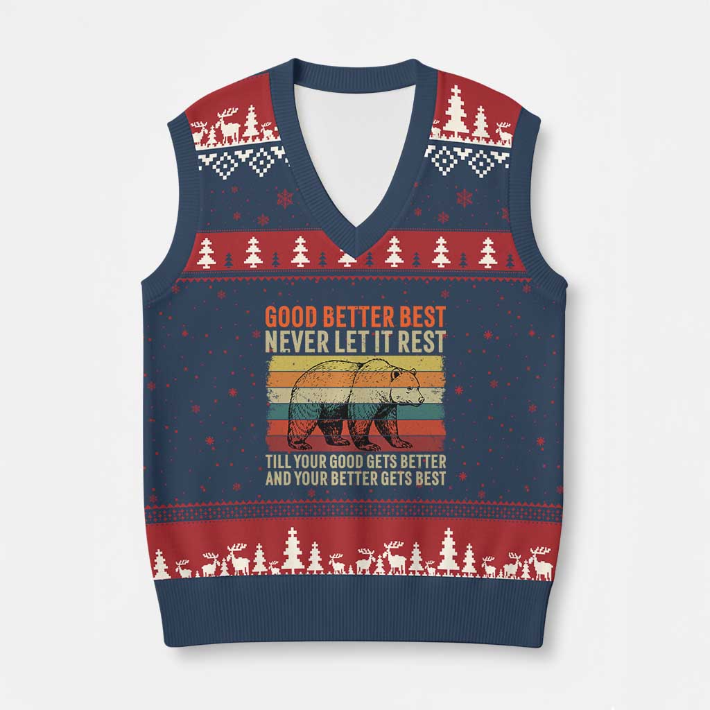 Good Better Best Motivational V-Neck Knit Sweater Vest Retro Never Let It Rest TS02 Navy Red Print Your Wear