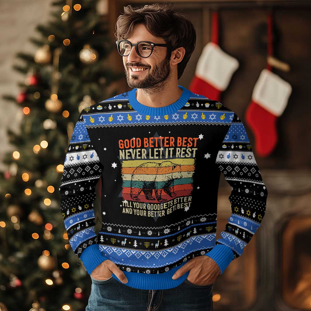 Good Better Best Motivational Hanukkah Ugly Sweater Retro Never Let It Rest TS02 Black Blue Print Your Wear