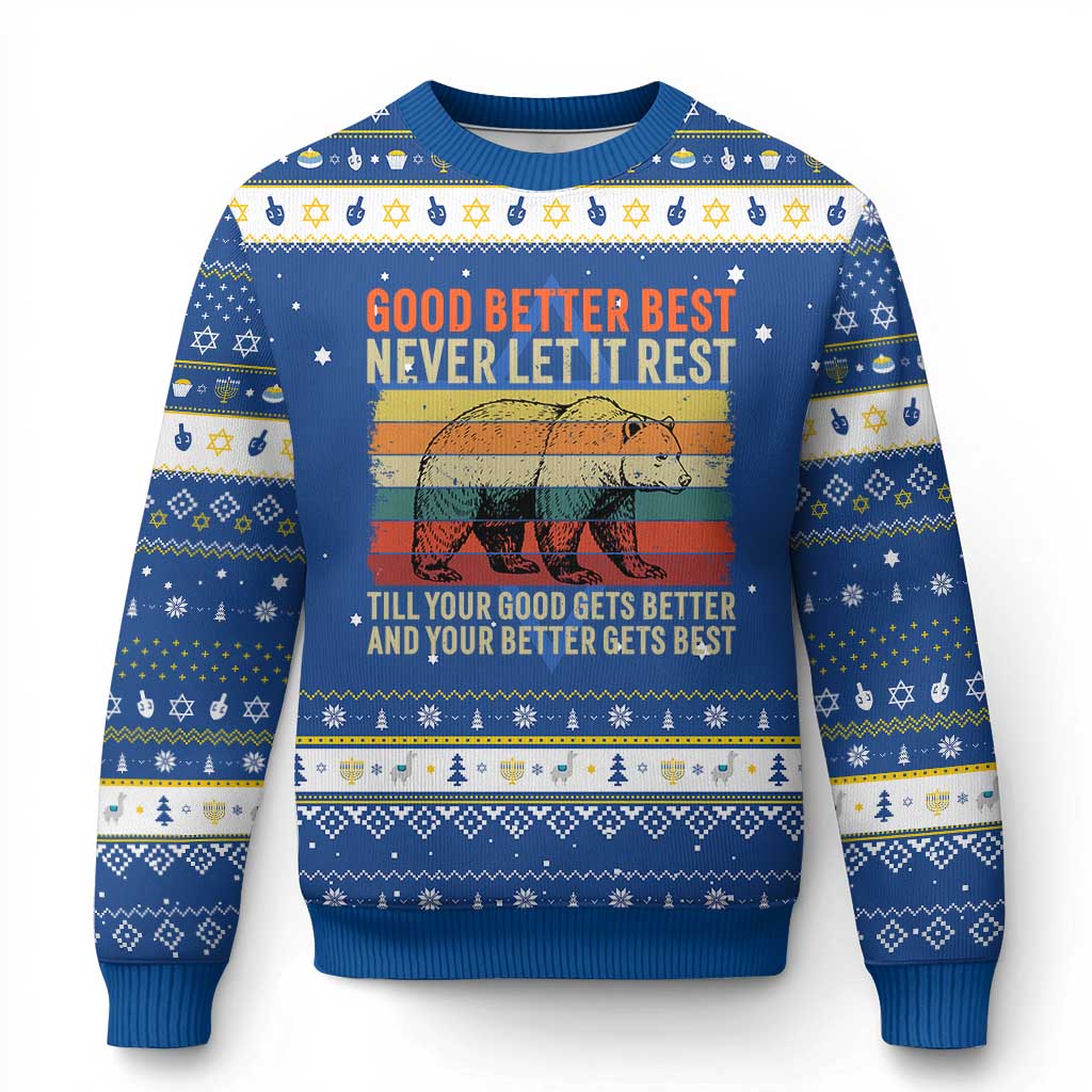 Good Better Best Inspirational Hanukkah Ugly Sweater Retro Bear Never Let It Rest TS02 Blue White Print Your Wear