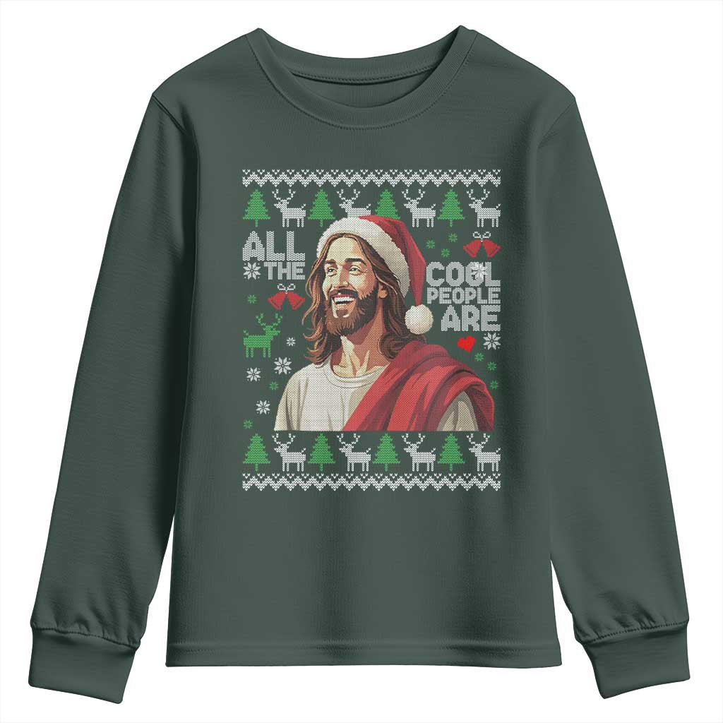 Funny Jesus Birthday Youth Sweatshirt All the Cool People Are Born in December TS02 Dark Forest Green Print Your Wear