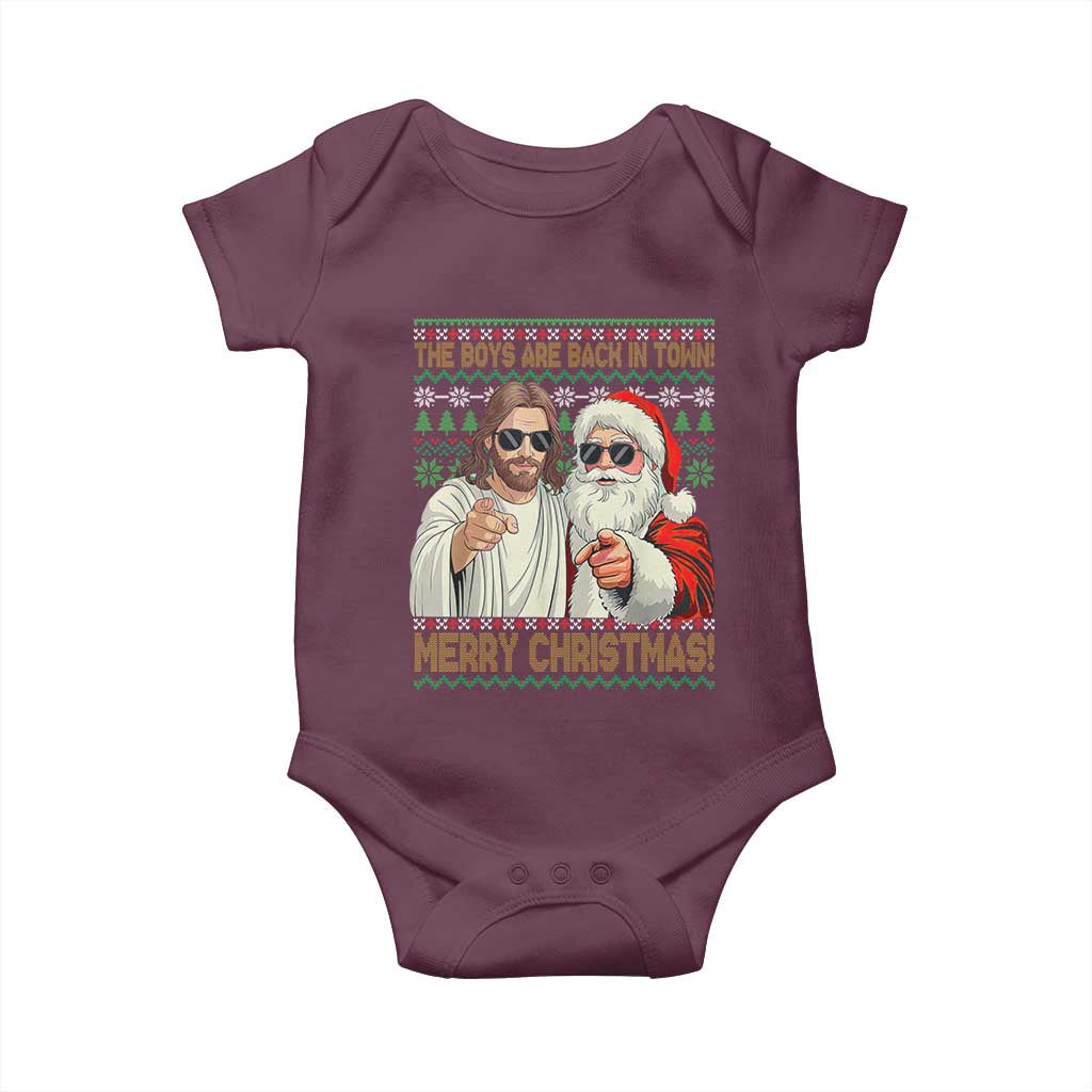 The Boys Are Back in Town Funny Christmas Baby Onesie Cool Santa and Jesus Holiday Humor TS02 Maroon Print Your Wear