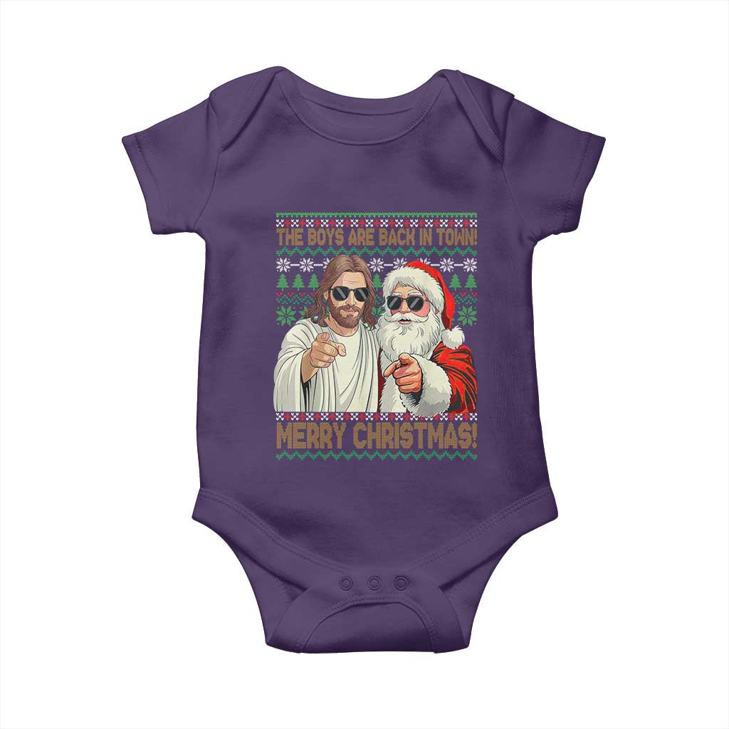 The Boys Are Back in Town Funny Christmas Baby Onesie Cool Santa and Jesus Holiday Humor TS02 Purple Print Your Wear