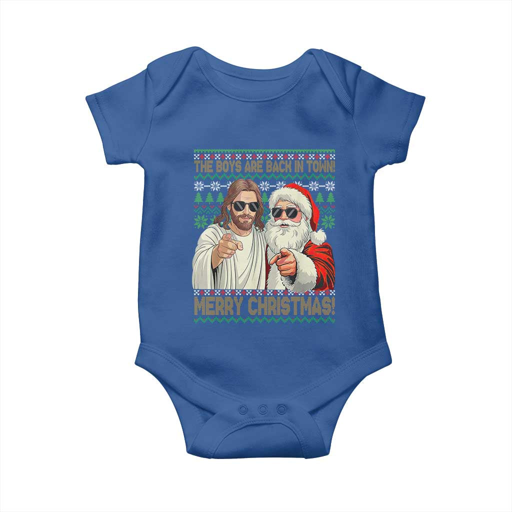 The Boys Are Back in Town Funny Christmas Baby Onesie Cool Santa and Jesus Holiday Humor TS02 Royal Blue Print Your Wear