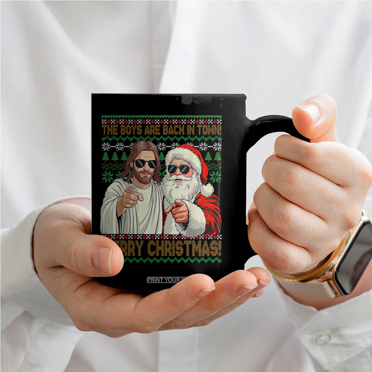 The Boys Are Back in Town Funny Christmas Coffee Mug Cool Santa and Jesus Holiday Humor TS02 Print Your Wear