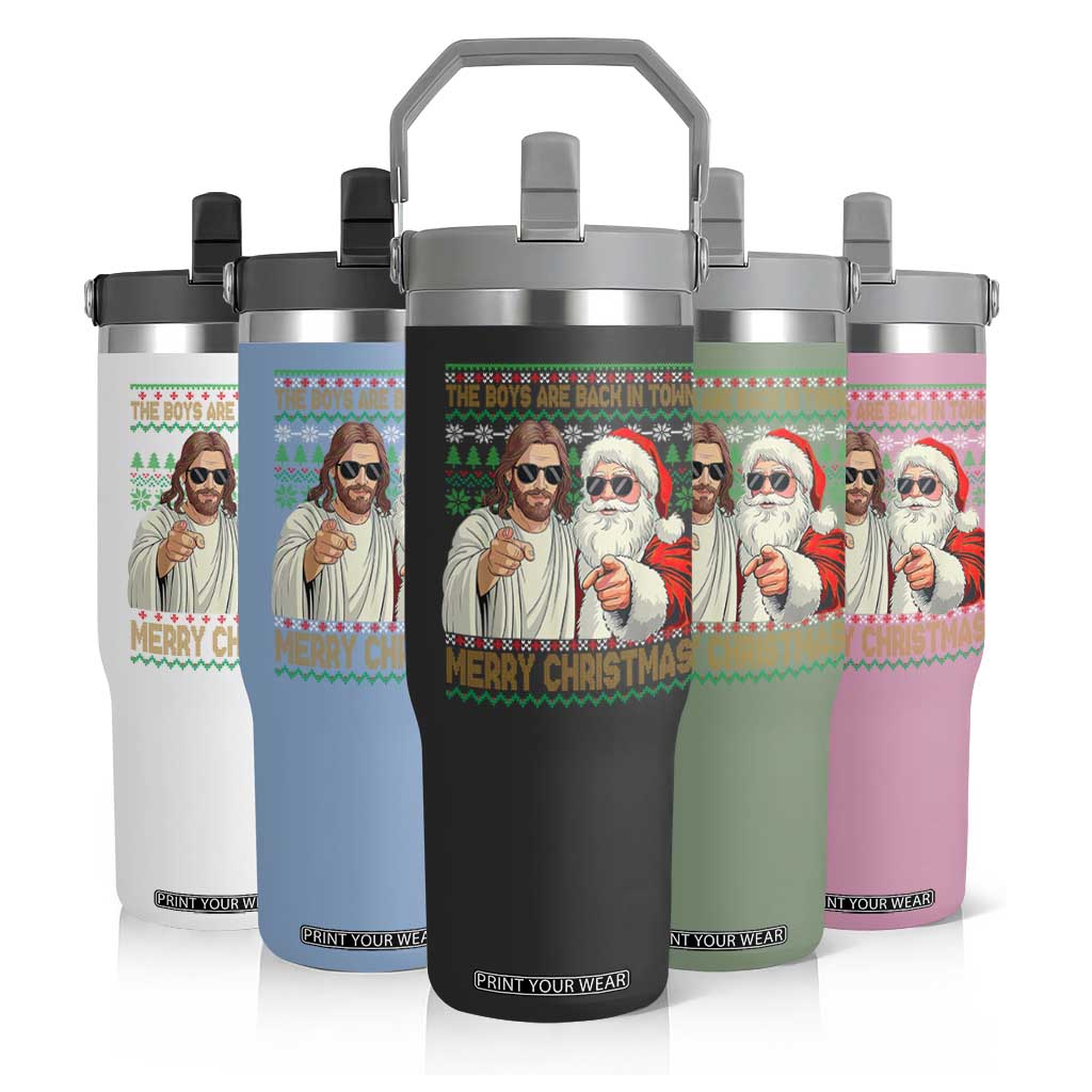 The Boys Are Back in Town Funny Christmas Flip Straw Tumbler Cool Santa and Jesus Holiday Humor TS02 Print Your Wear