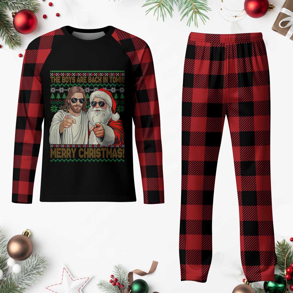 The Boys Are Back in Town Funny Christmas Plaid Pajama Set Cool Santa and Jesus Holiday Humor TS02 Buffalo Plaid Print Your Wear