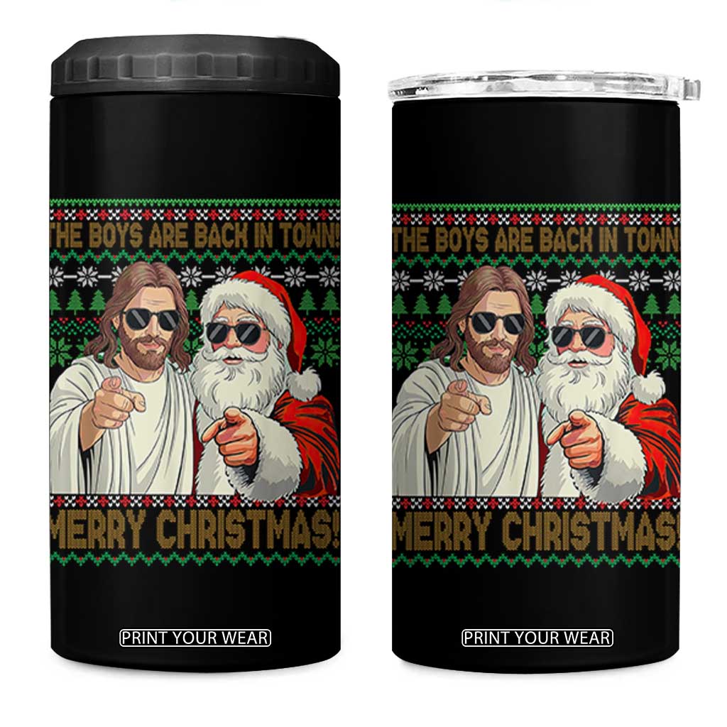 The Boys Are Back in Town Funny Christmas 4 in 1 Can Cooler Tumbler Cool Santa and Jesus Holiday Humor TS02 One Size: 16 oz Black Print Your Wear