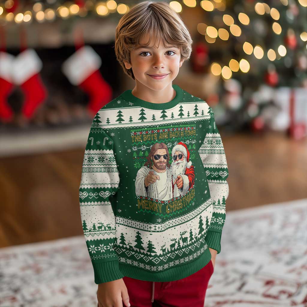 The Boys Are Back in Town Funny Xmas Ugly Christmas Sweater Cool Santa and Jesus Holiday Humor TS02 Forest Green Beige Print Your Wear