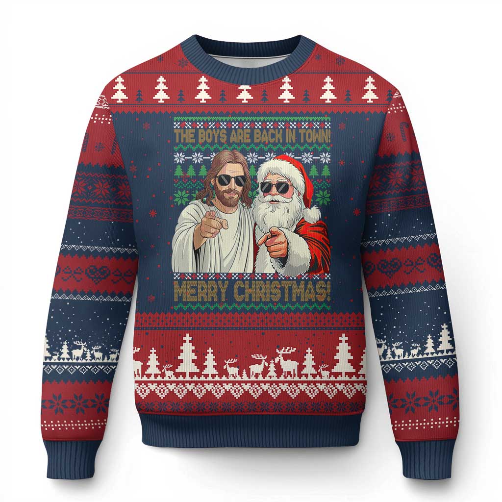 The Boys Are Back in Town Funny Xmas Ugly Christmas Sweater Cool Santa and Jesus Holiday Humor TS02 Navy Red Print Your Wear