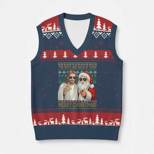 The Boys Are Back in Town Funny Xmas V-Neck Knit Sweater Vest Cool Santa and Jesus Holiday Humor TS02 Navy Red Print Your Wear