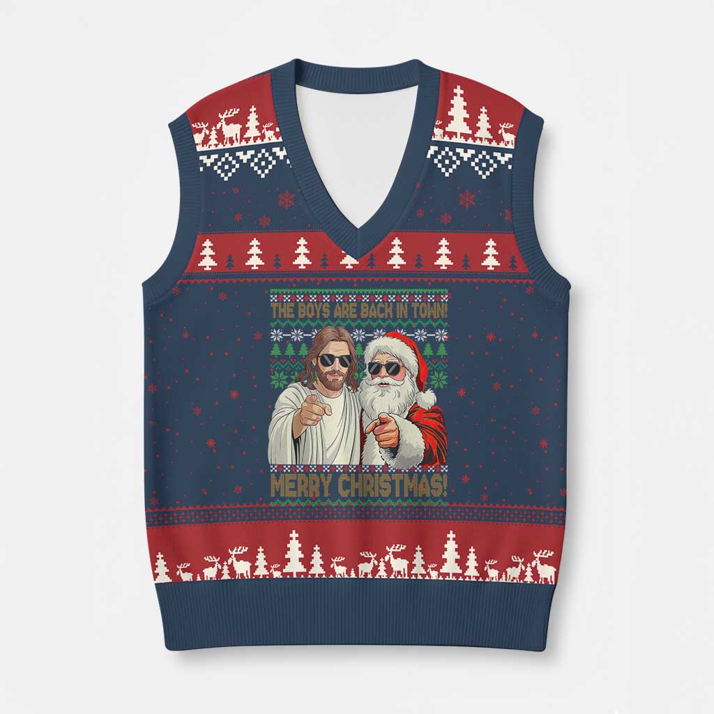 The Boys Are Back in Town Funny Xmas V-Neck Knit Sweater Vest Cool Santa and Jesus Holiday Humor TS02 Navy Red Print Your Wear