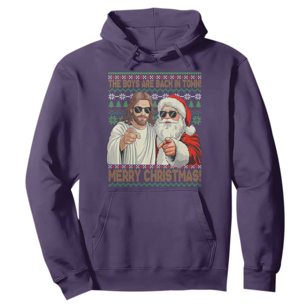 The Boys Are Back in Town Funny Christmas Hoodie Cool Santa and Jesus Holiday Humor TS02 Purple Print Your Wear