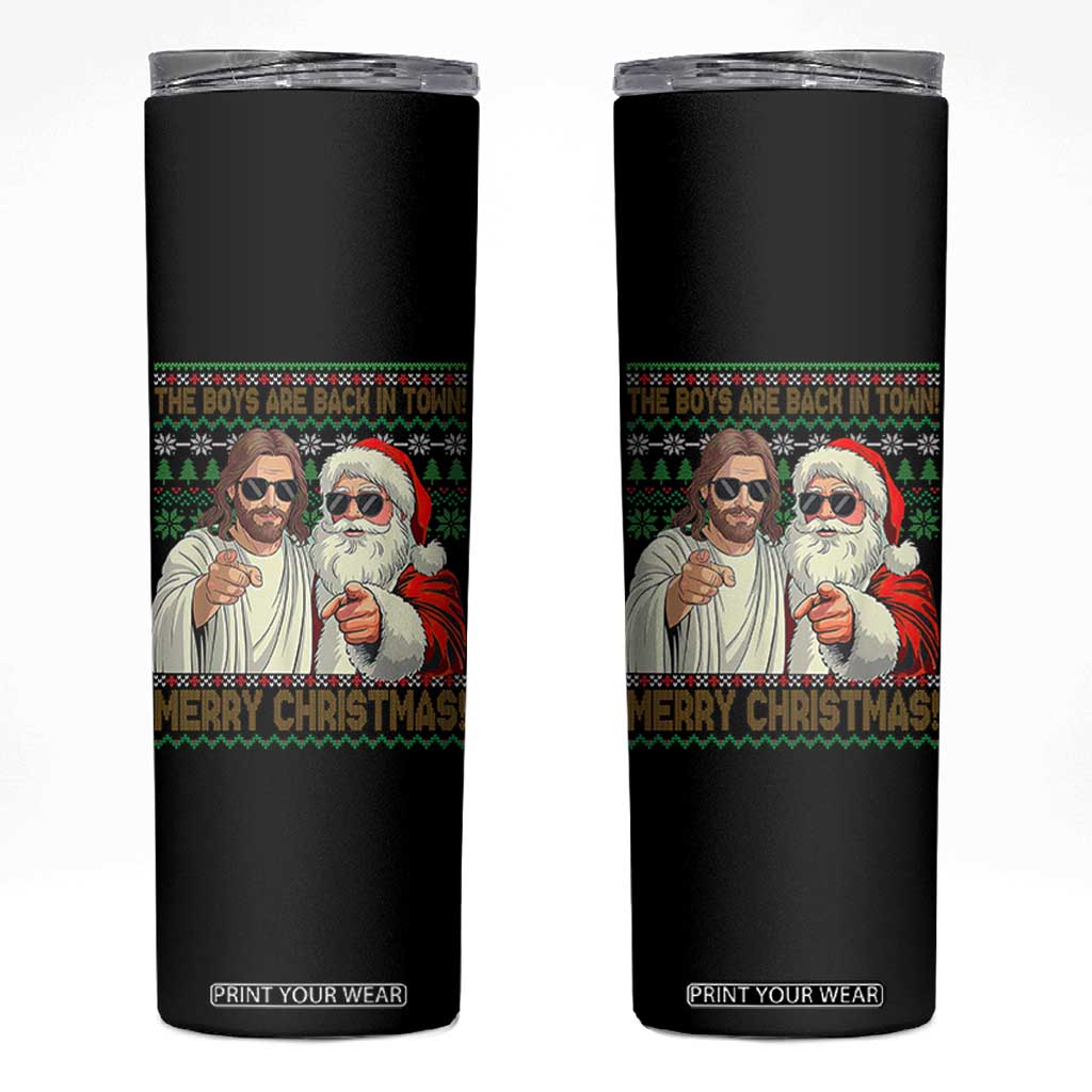 The Boys Are Back in Town Funny Christmas Skinny Tumbler Cool Santa and Jesus Holiday Humor TS02 Black Print Your Wear