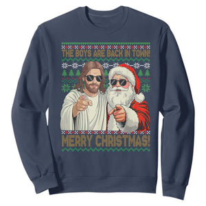 The Boys Are Back in Town Funny Christmas Sweatshirt Cool Santa and Jesus Holiday Humor TS02 Navy Print Your Wear