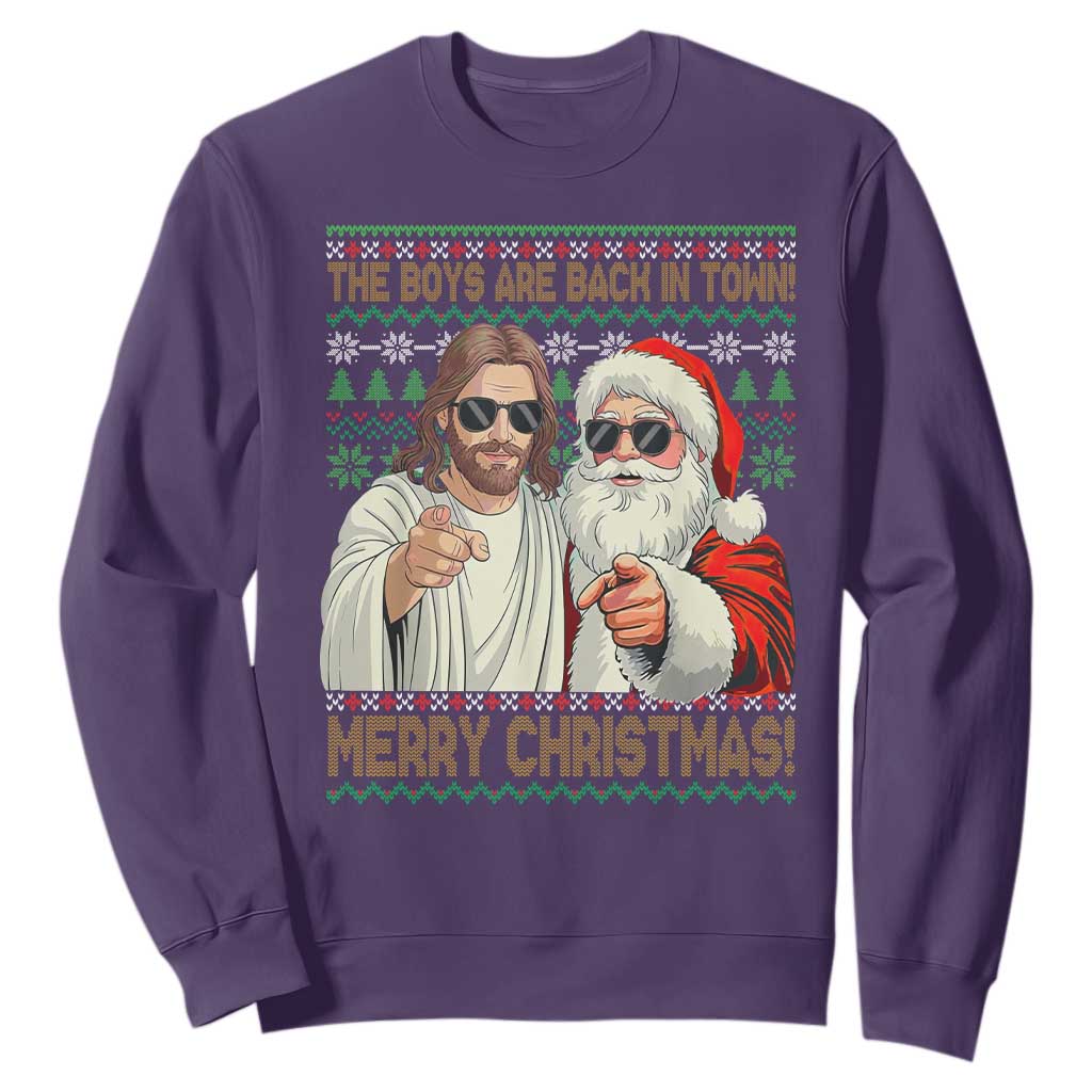 The Boys Are Back in Town Funny Christmas Sweatshirt Cool Santa and Jesus Holiday Humor TS02 Purple Print Your Wear