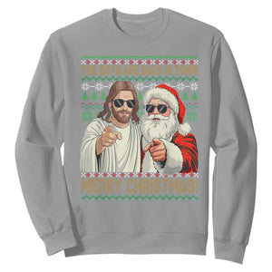 The Boys Are Back in Town Funny Christmas Sweatshirt Cool Santa and Jesus Holiday Humor TS02 Sport Gray Print Your Wear