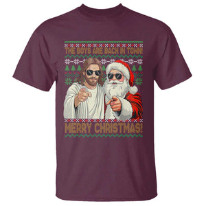 The Boys Are Back in Town Funny Christmas T Shirt Cool Santa and Jesus Holiday Humor TS02 Maroon Print Your Wear