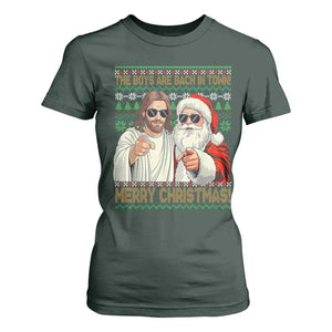 The Boys Are Back in Town Funny Christmas T Shirt For Women Cool Santa and Jesus Holiday Humor TS02 Dark Forest Green Print Your Wear
