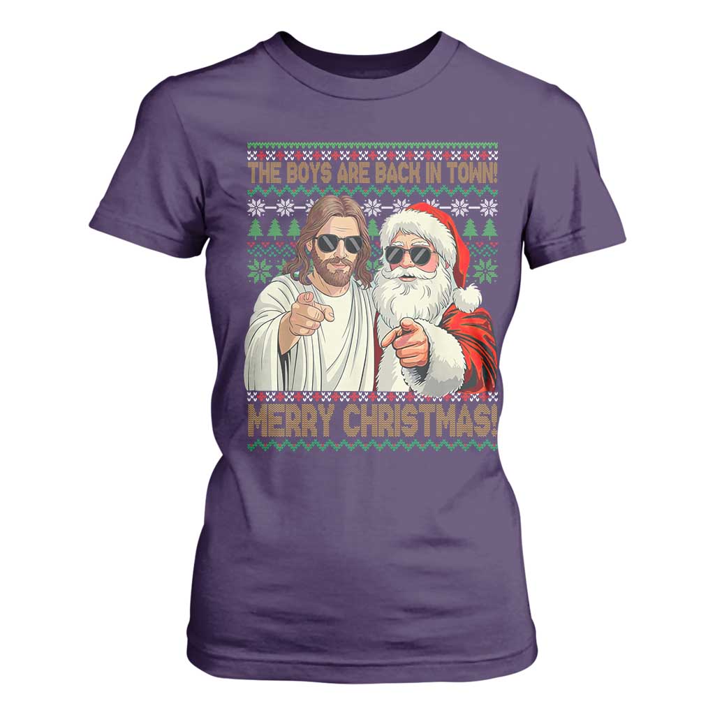 The Boys Are Back in Town Funny Christmas T Shirt For Women Cool Santa and Jesus Holiday Humor TS02 Purple Print Your Wear
